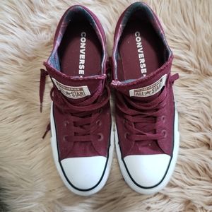 Burgundy / plaid inside Converse All Stars.